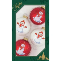 Set Of 4 Red Hat Snowman Glass Ornaments