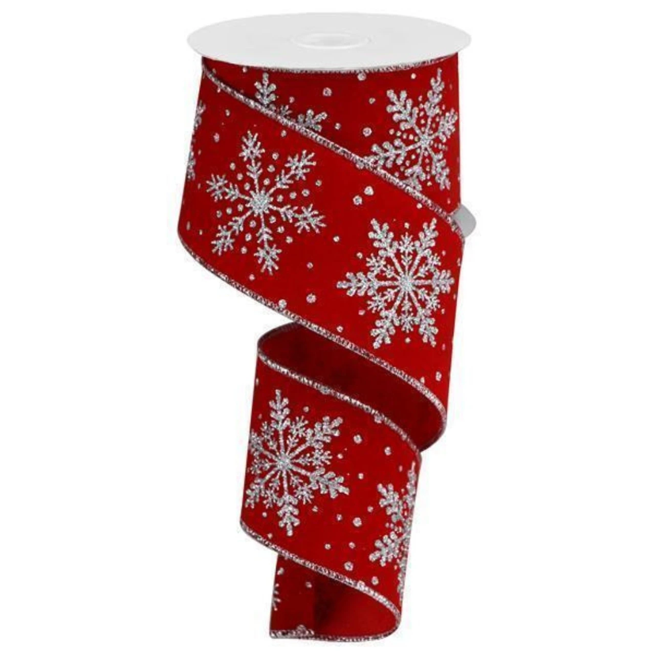 Silver Glittered Snowflakes On Red Velvet Ribbon 10 Yards Long 2.5 Inch Wide 3 Silver Glittered Snowflakes On Red Velvet Ribbon 10 Yards Long 2.5 Inch Wide