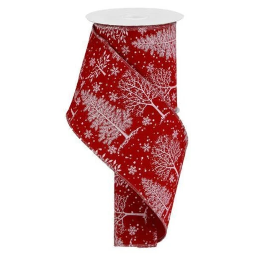 Christmas Trees And Snowflakes On A Red Velvet Ribbon 10 Yards Long X 4 Inches Wide