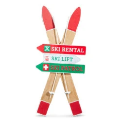 35" Wooden And Metal Ski Shaped Wall Sign Painted With Ski Rental, Ski Lift And Ski Patrol
