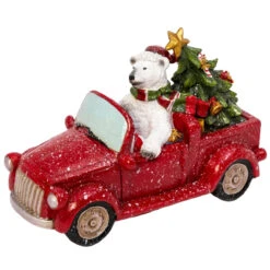 Polar Bear Driving Red Truck Figurine