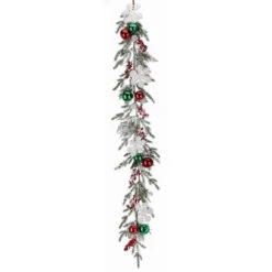 Pine Garland With Berries, Ornaments, And Snowflakes