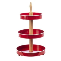 Red & White Enamel Three Tier Pedestal Stand With Rolling Pin Handle