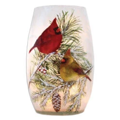 Small Christmas Cardinals Lit Glass Vase