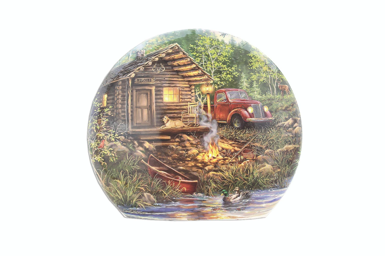 Stony Creek - Round Shaped Decorative Light - Hand-Painted With Cabin In The Woods And An Old School Pick-Up Truck 3 Stony Creek - Round Shaped Decorative Light - Hand-Painted With Cabin In The Woods And An Old School Pick-Up Truck