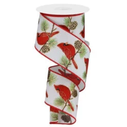 Red Cardinal On Branch's White Ribbon 10 Yards 2.5 Inch Wide