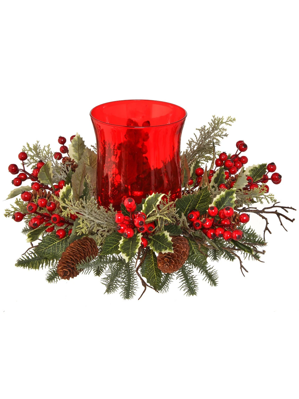 16" Red Glass Candle Holder Sitting On Spruce, Cedar, And Holly 3 16" Red Glass Candle Holder Sitting On Spruce, Cedar, And Holly
